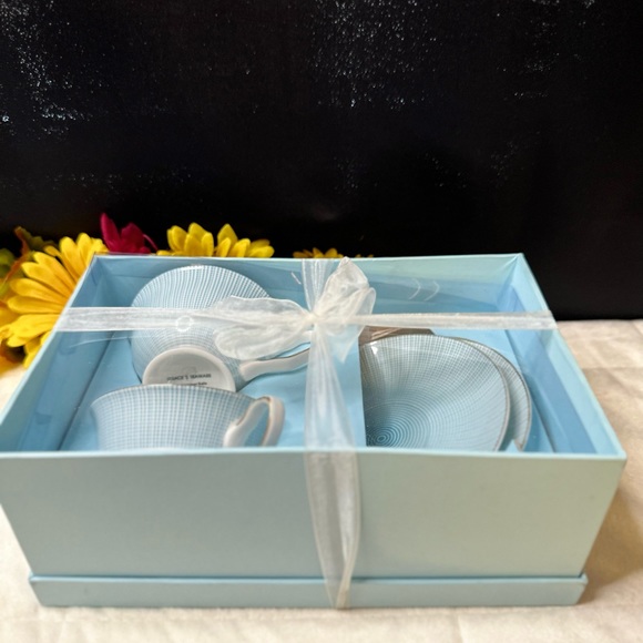 New Grace’s Teaware Tea Cup & Saucer Set For 2 Blue Squared Pattern w/Gold Trim - Picture 2 of 11